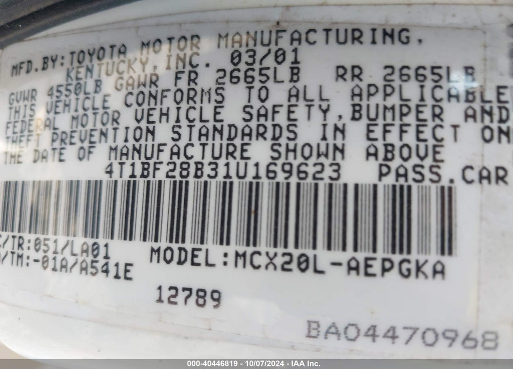 2001 TOYOTA AVALON XLS VIN: 4T1BF28B31U169623