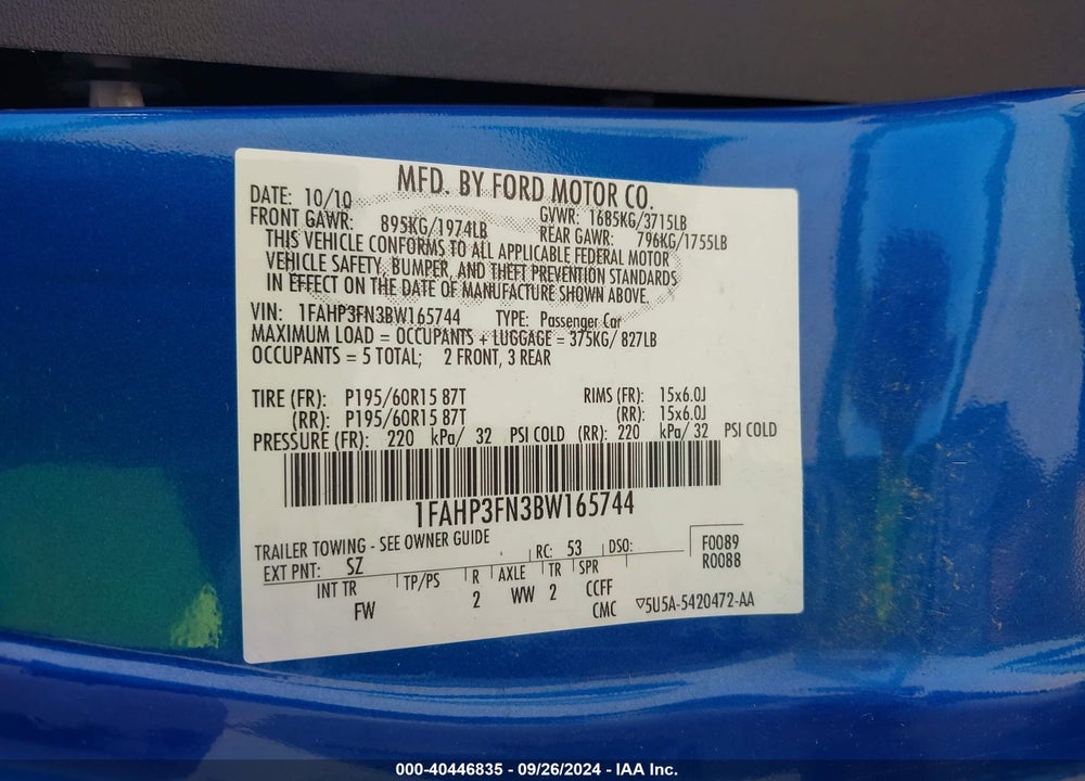 2011 FORD FOCUS SE VIN: 1FAHP3FN3BW165744