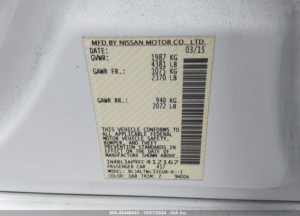 2015 NISSAN ALTIMA 3.5 SL VIN: 1N4BL3AP9FC412167