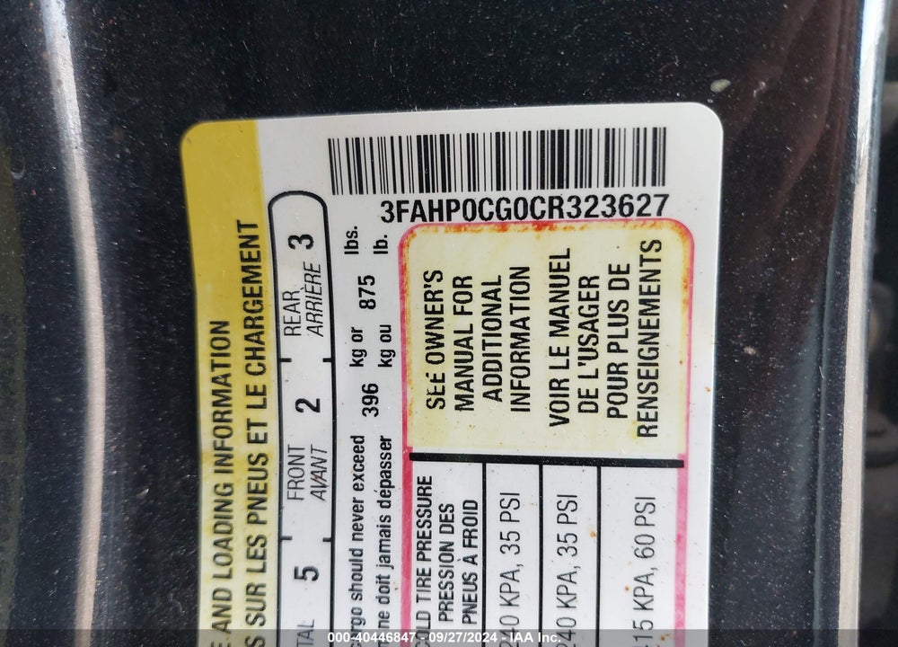2012 FORD FUSION SEL VIN: 3FAHP0CG0CR323627