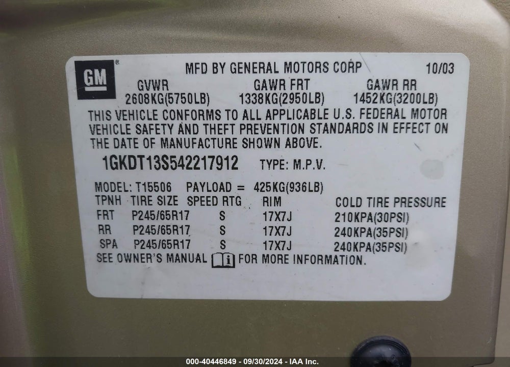 2004 GMC ENVOY SLT VIN: 1GKDT13S542217912