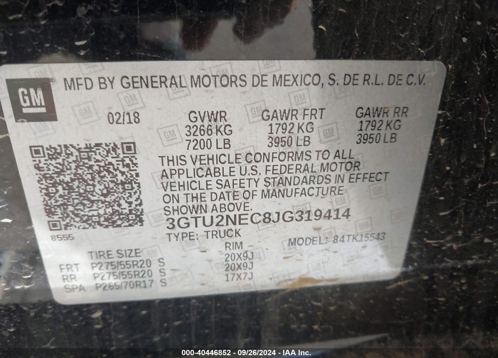 2018 GMC SIERRA 1500 VIN: 3GTU2NEC8JG319414