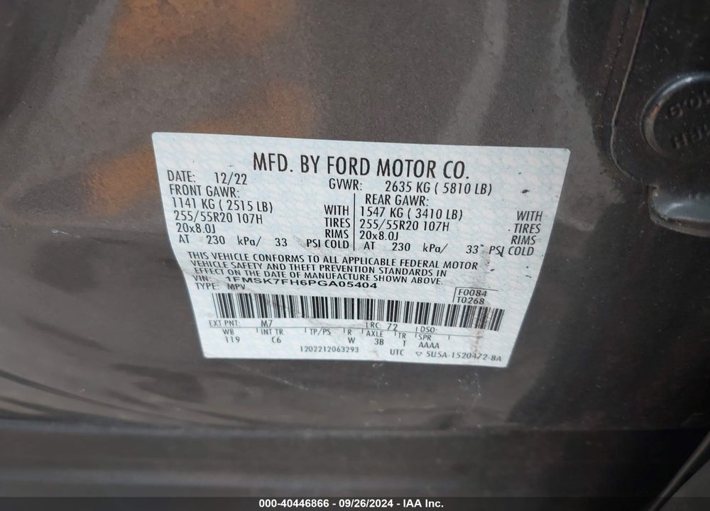 2023 FORD EXPLORER LIMITED VIN: 1FMSK7FH6PGA05404