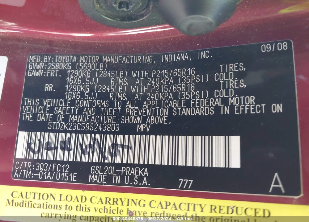 2009 TOYOTA SIENNA LE VIN: 5TDZK23C59S243803
