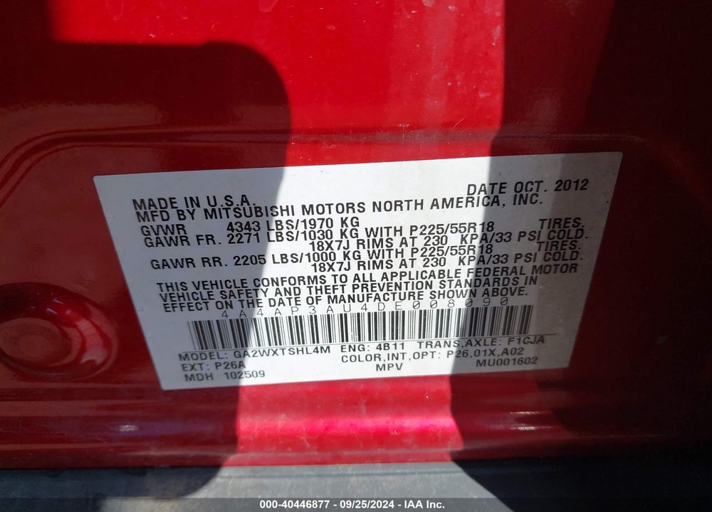 2013 MITSUBISHI OUTLANDER SPORT ES VIN: 4A4AP3AU4DE008090