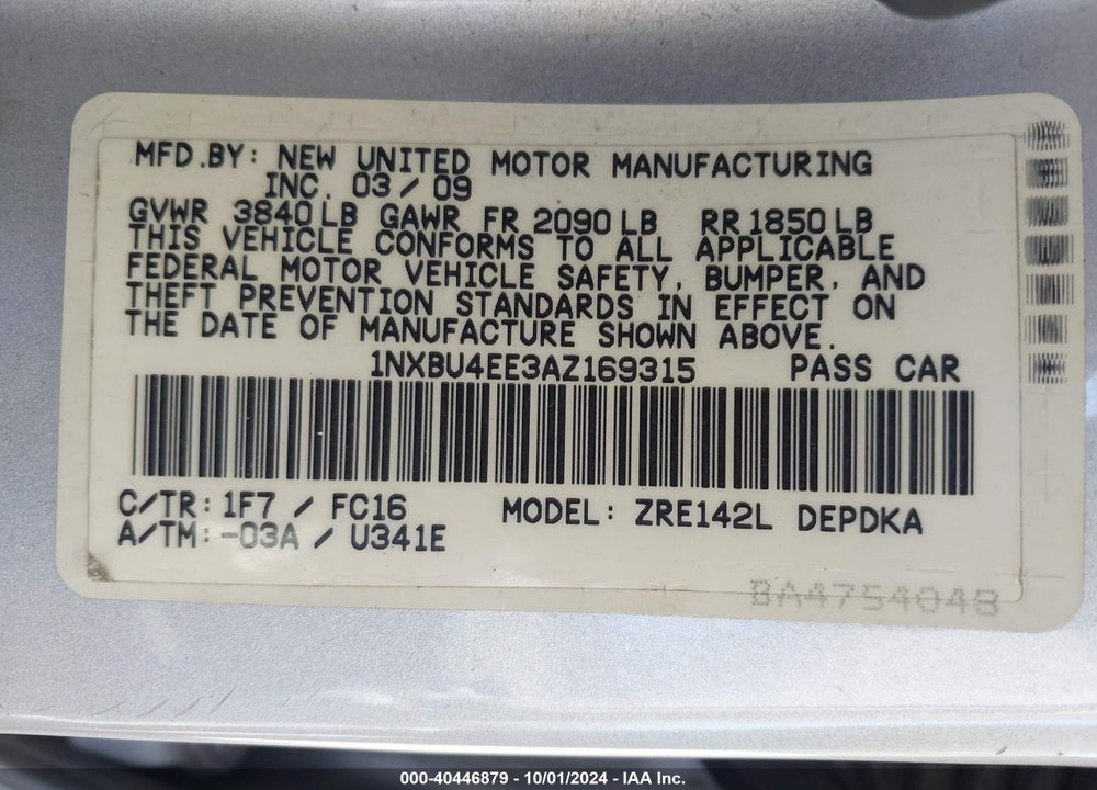 2010 TOYOTA COROLLA LE VIN: 1NXBU4EE3AZ169315