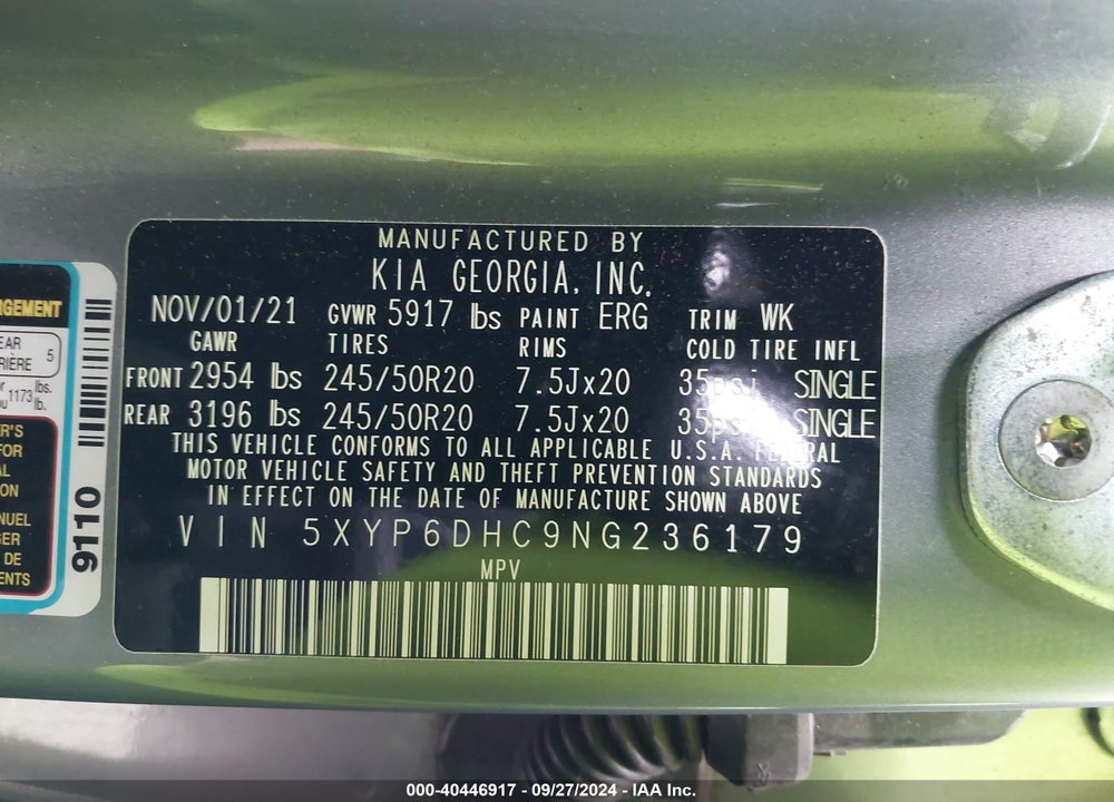 2022 KIA TELLURIDE S VIN: 5XYP6DHC9NG236179