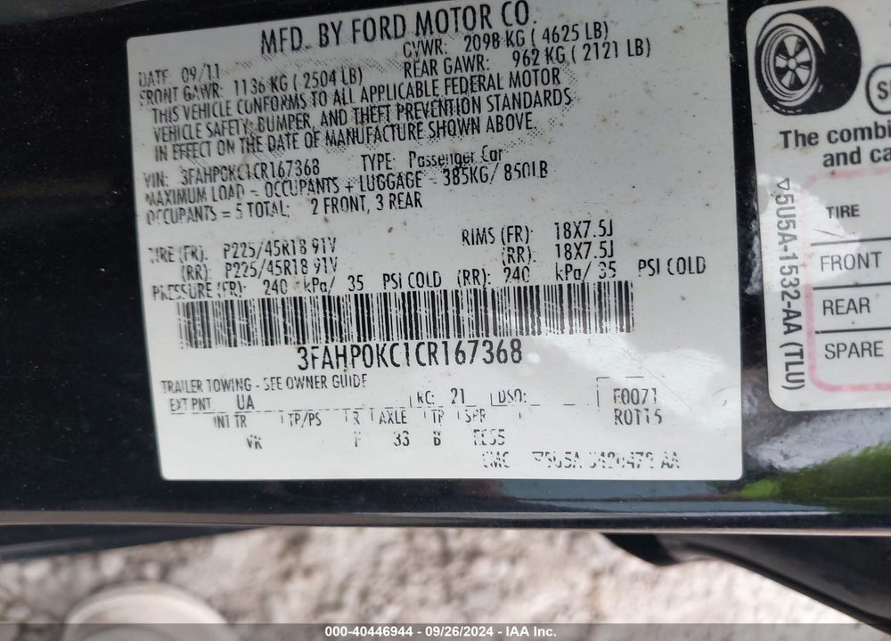 2012 FORD FUSION SPORT VIN: 3FAHP0KC1CR167368