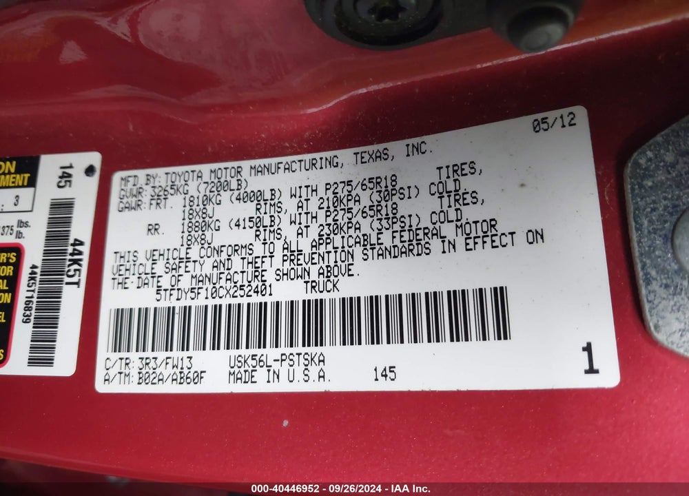 2012 TOYOTA TUNDRA GRADE 5.7L V8 VIN: 5TFDY5F10CX252401