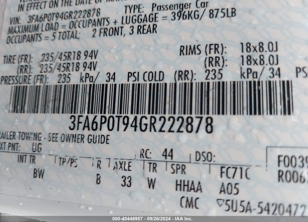 2016 FORD FUSION SE VIN: 3FA6P0T94GR222878