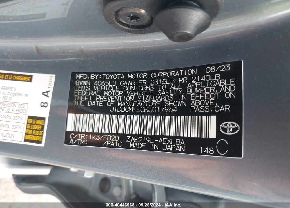 2024 TOYOTA COROLLA HYBRID LE VIN: JTDBCMFE0RJ017964