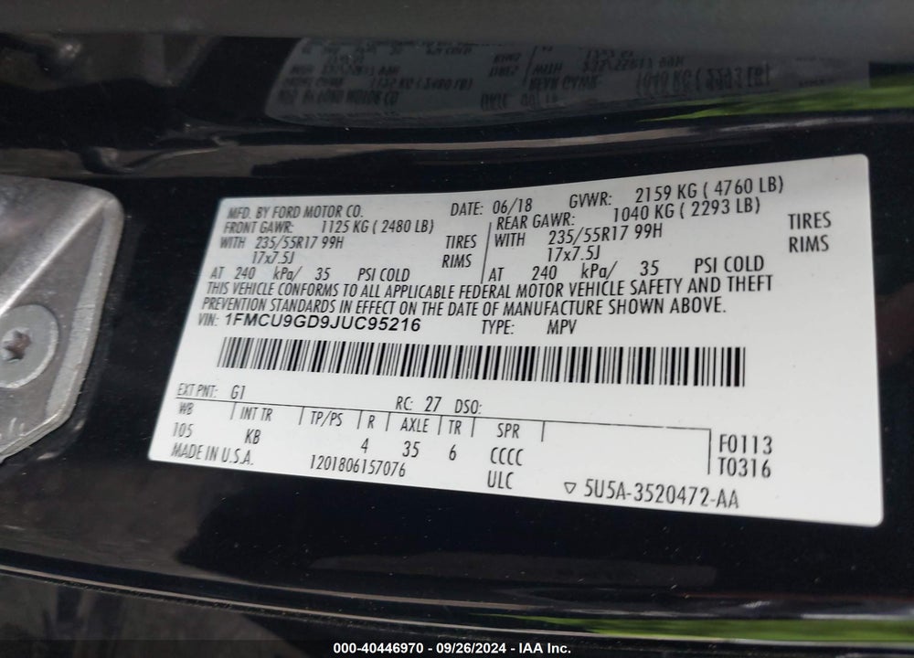 2018 FORD ESCAPE SE VIN: 1FMCU9GD9JUC95216