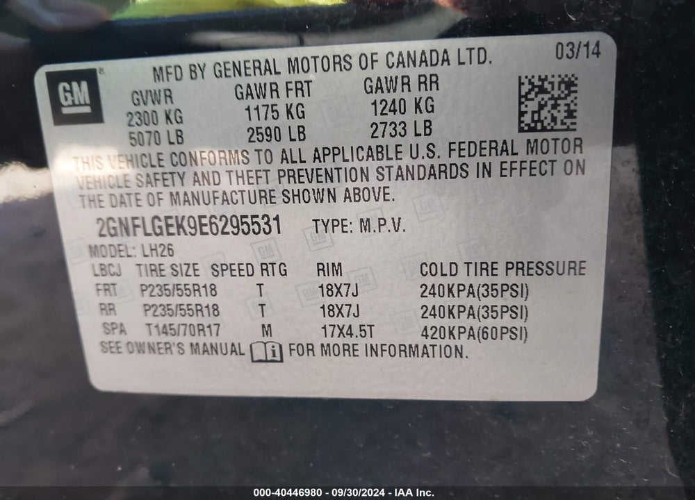 2014 CHEVROLET EQUINOX 2LT VIN: 2GNFLGEK9E6295531