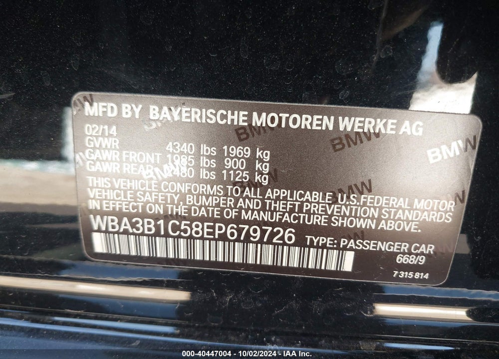 2014 BMW 320I VIN: WBA3B1C58EP679726