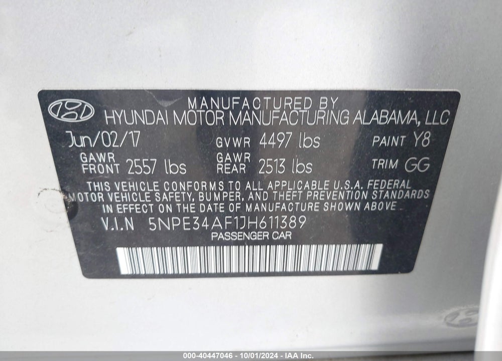 2018 HYUNDAI SONATA SEL VIN: 5NPE34AF1JH611389