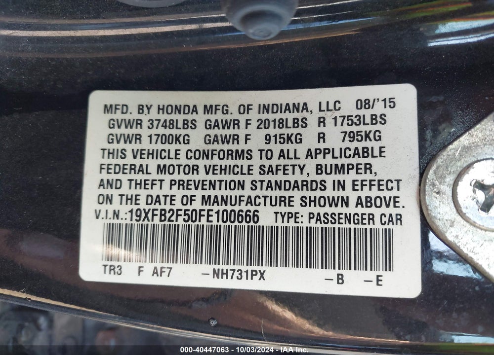2015 HONDA CIVIC LX VIN: 19XFB2F50FE100666