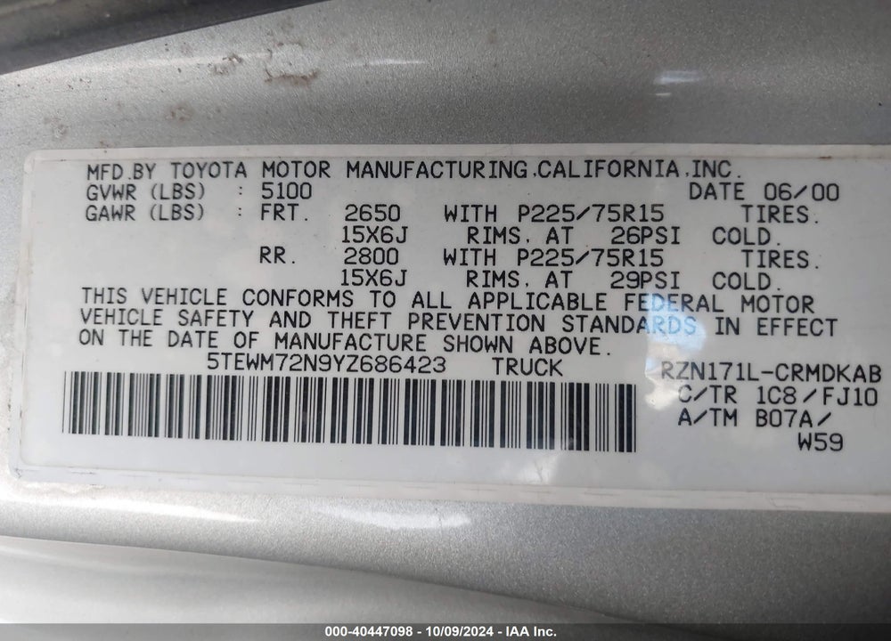 2000 TOYOTA TACOMA VIN: 5TEWM72N9YZ686423