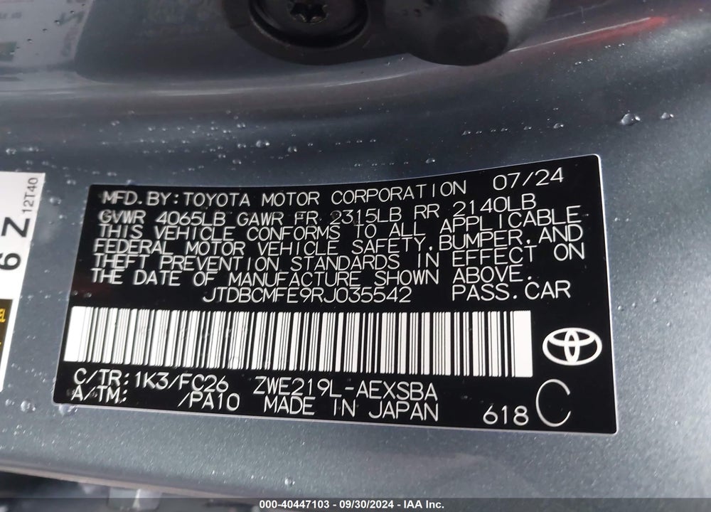 2024 TOYOTA COROLLA HYBRID SE VIN: JTDBCMFE9RJ035542
