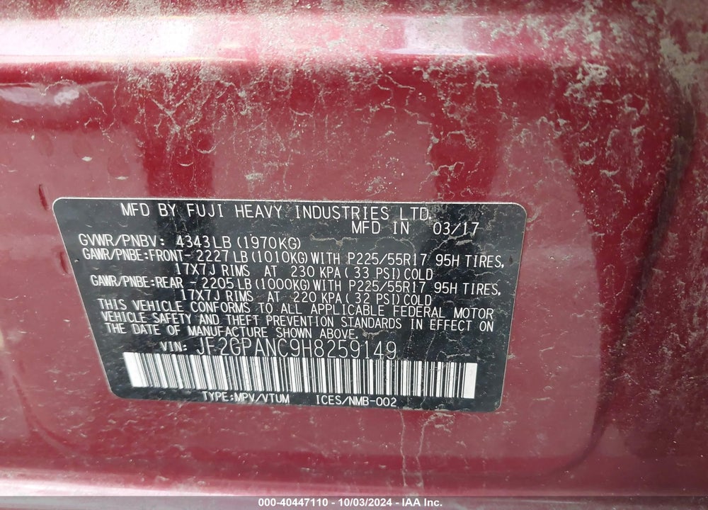 2017 SUBARU CROSSTREK 2.0I LIMITED VIN: JF2GPANC9H8259149