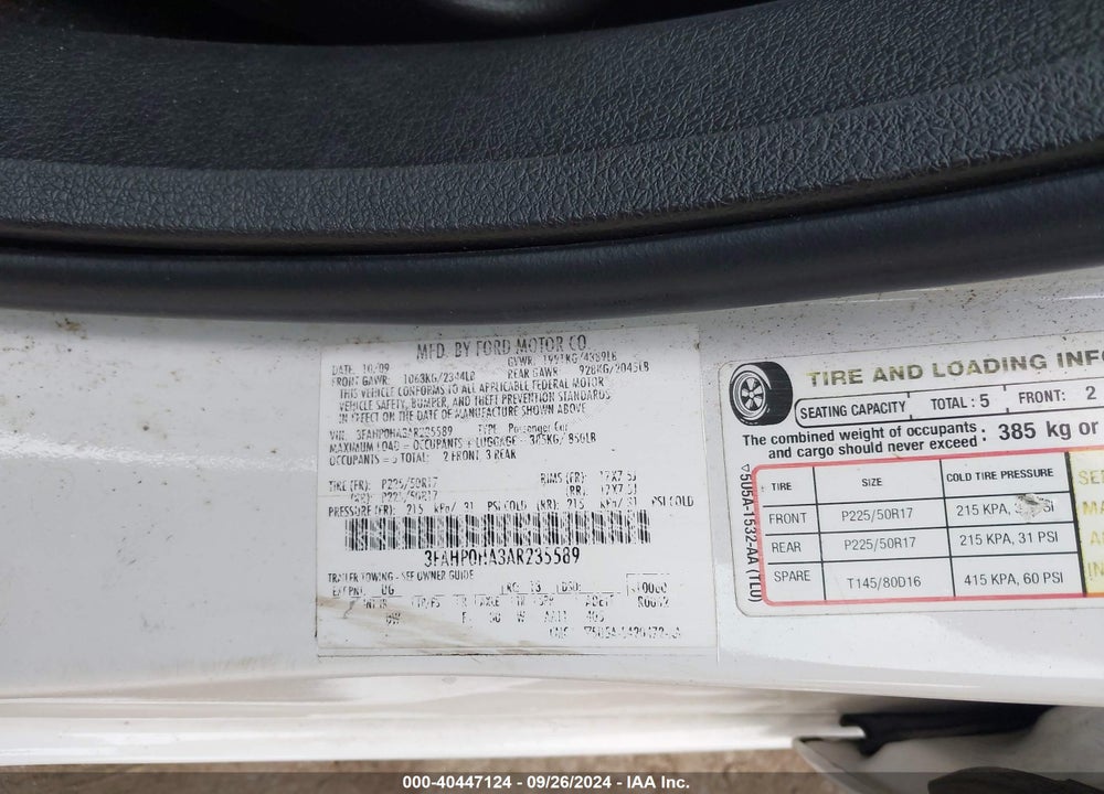 2010 FORD FUSION SE VIN: 3FAHP0HA3AR235589
