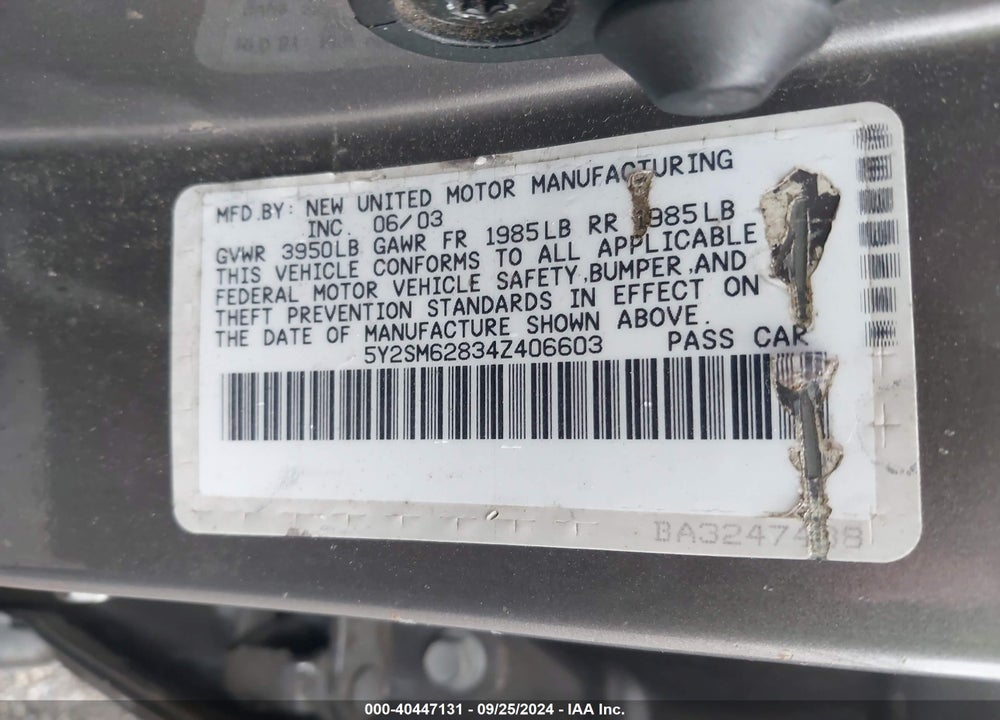 2004 PONTIAC VIBE VIN: 5Y2SM62834Z406603