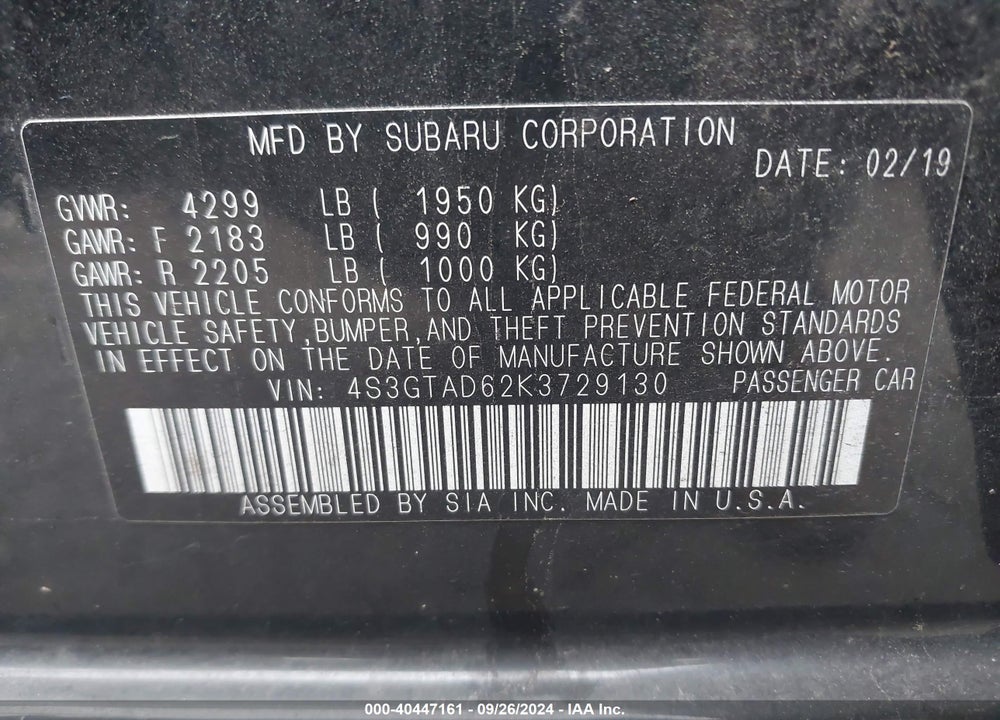 2019 SUBARU IMPREZA 2.0I PREMIUM VIN: 4S3GTAD62K3729130
