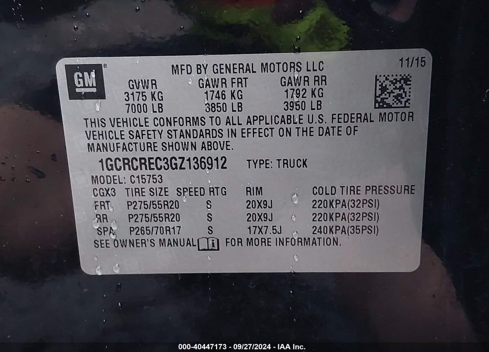 2016 CHEVROLET SILVERADO 1500 1LT VIN: 1GCRCREC3GZ136912