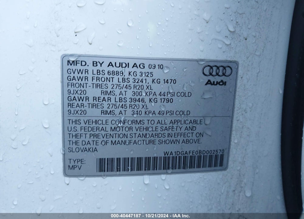 2011 AUDI Q7 3.0T S LINE PRESTIGE VIN: WA1DGAFE0BD002570