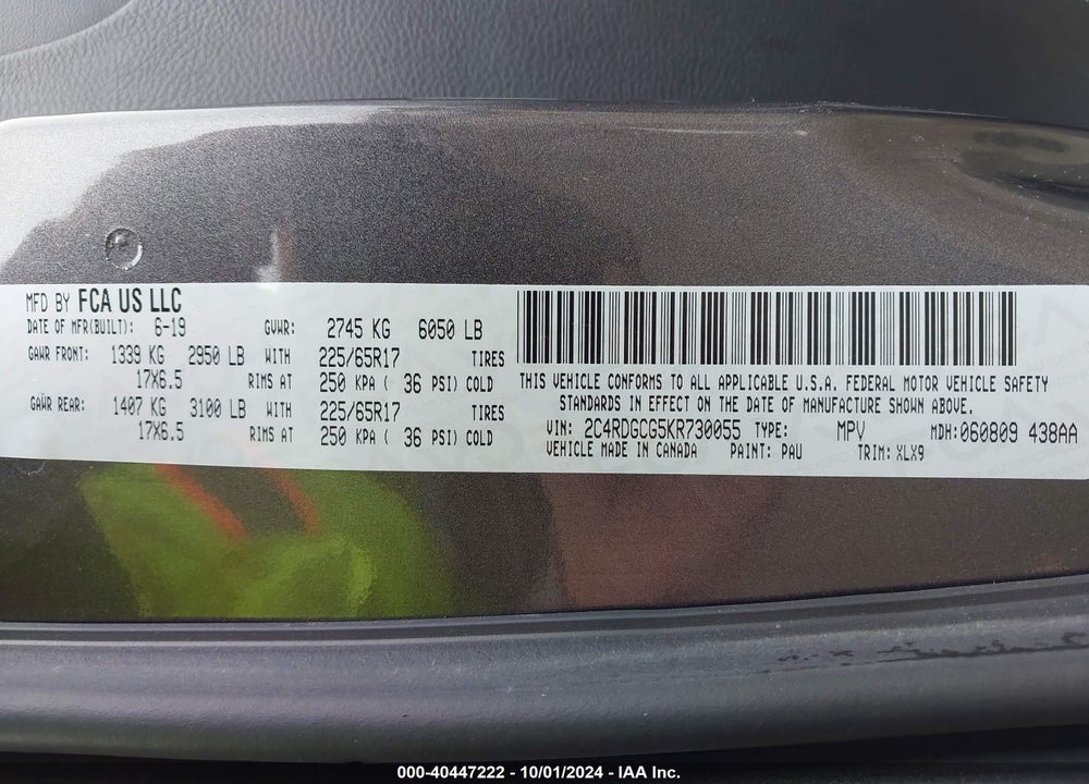 2019 DODGE GRAND CARAVAN SXT VIN: 2C4RDGCG5KR730055