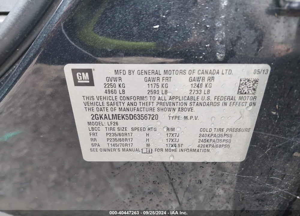 2013 GMC TERRAIN SLE-1 VIN: 2GKALMEK5D6356720
