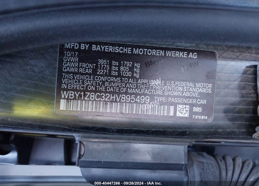 2017 BMW I3 94 AH W/RANGE EXTENDER VIN: WBY1Z8C32HV895499