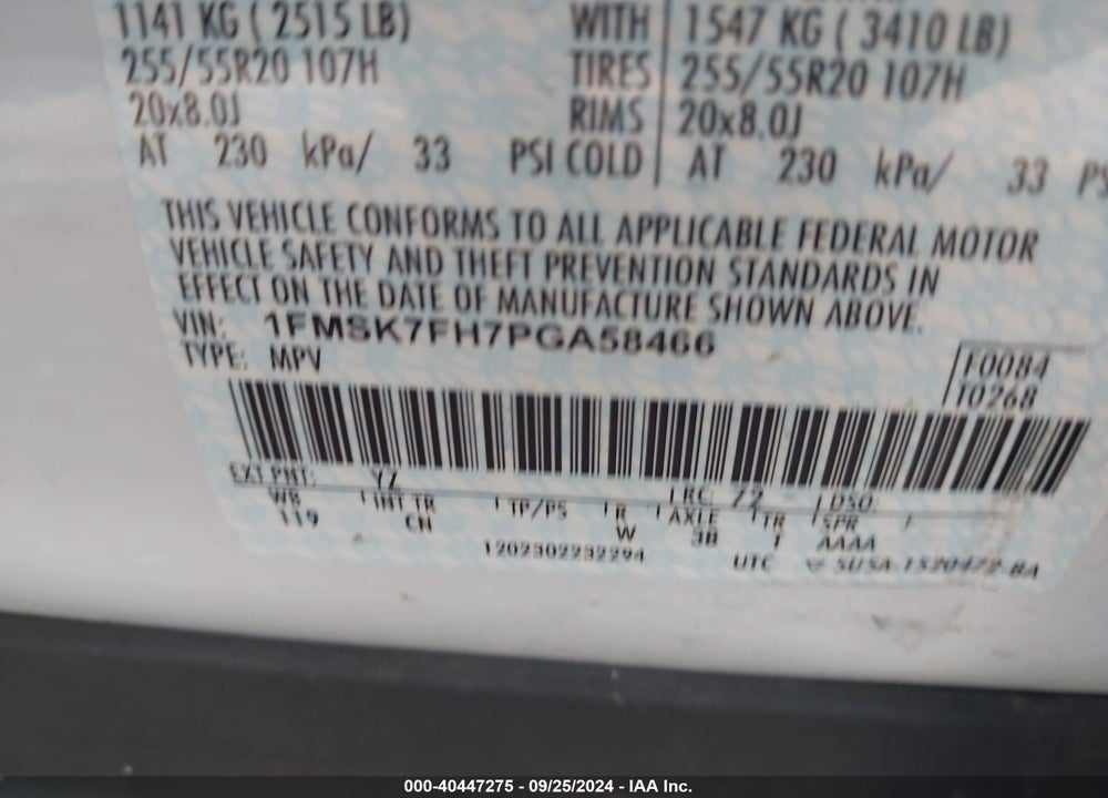 2023 FORD EXPLORER LIMITED VIN: 1FMSK7FH7PGA58466