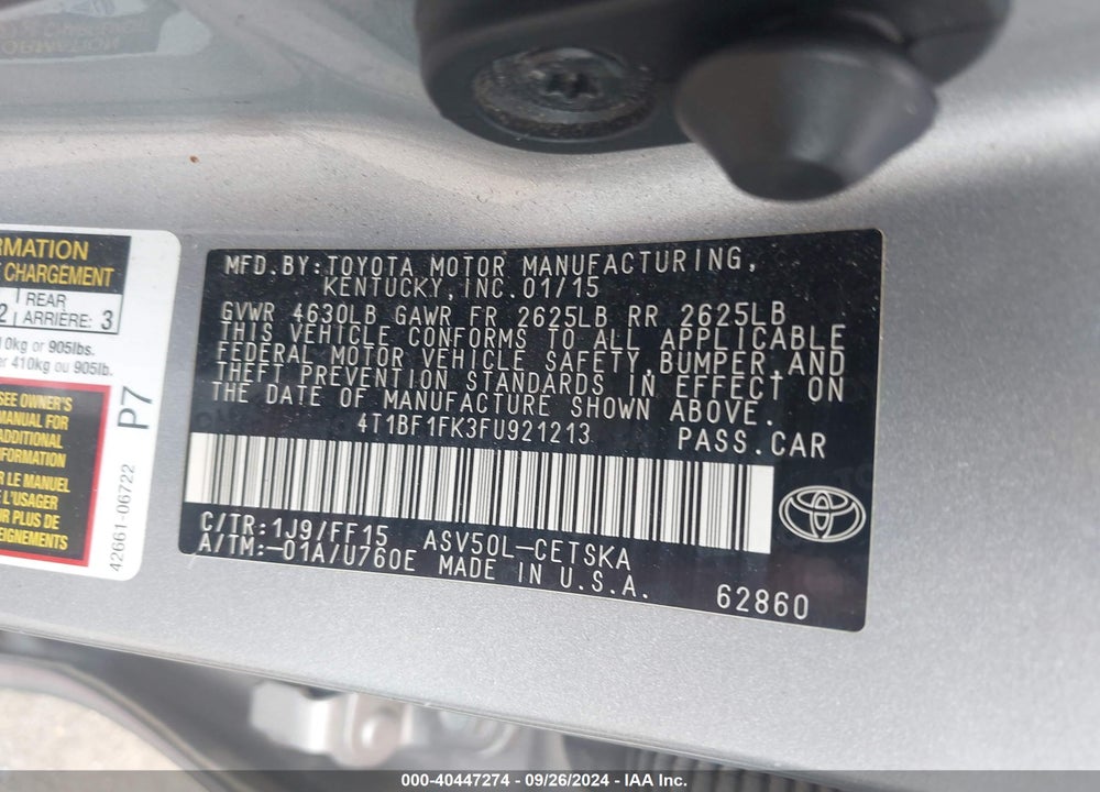 2015 TOYOTA CAMRY SE VIN: 4T1BF1FK3FU921213