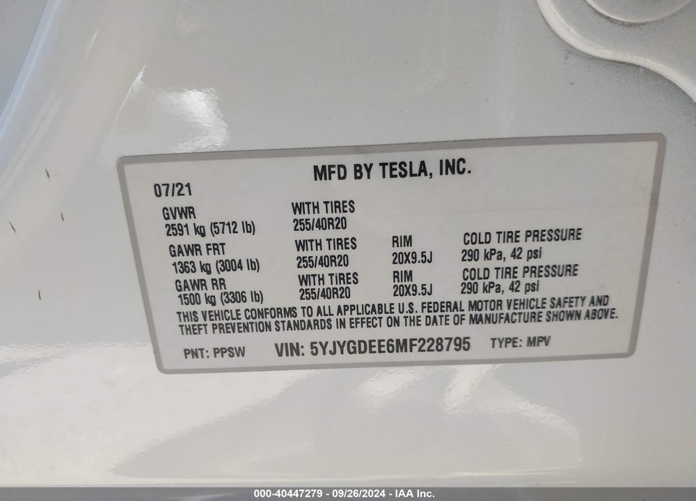 2021 TESLA MODEL Y LONG RANGE DUAL MOTOR ALL-WHEEL DRIVE VIN: 5YJYGDEE6MF228795