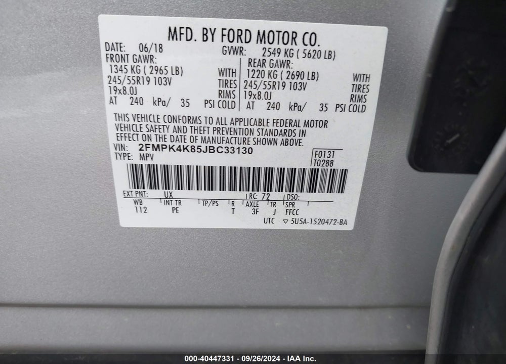 2018 FORD EDGE TITANIUM VIN: 2FMPK4K85JBC33130