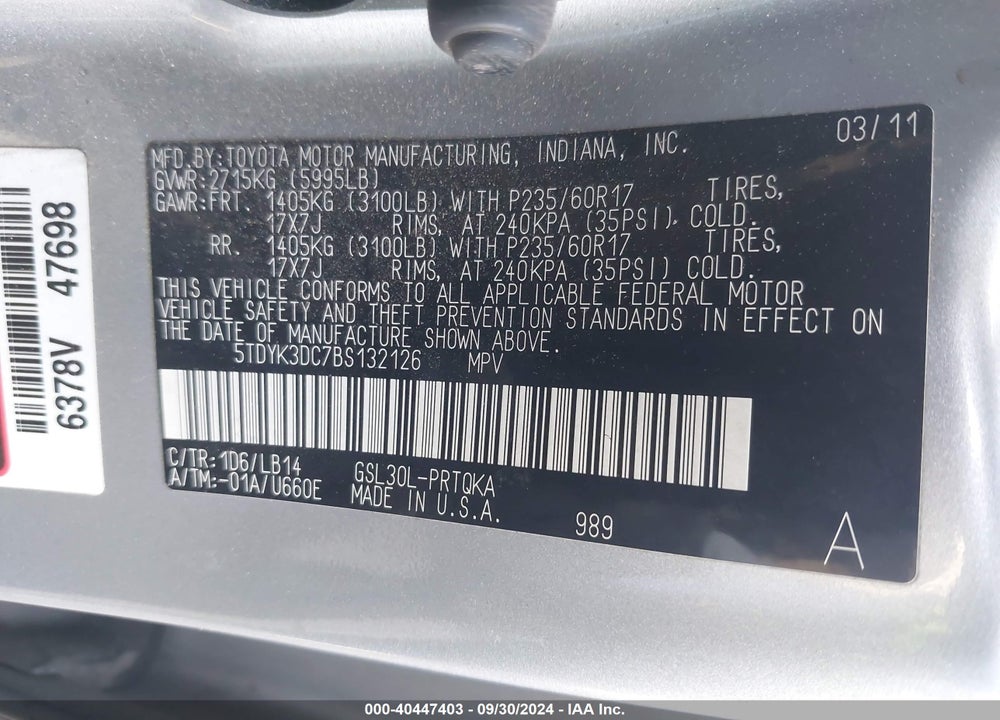 2011 TOYOTA SIENNA XLE V6 VIN: 5TDYK3DC7BS132126