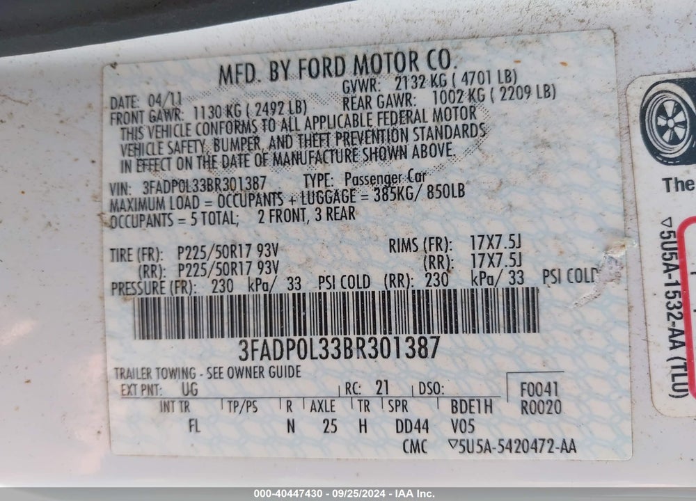 2011 FORD FUSION HYBRID VIN: 3FADP0L33BR301387
