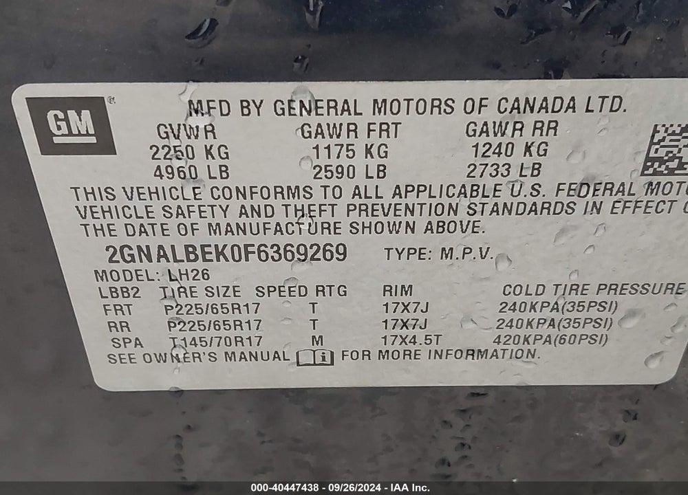 2015 CHEVROLET EQUINOX 1LT VIN: 2GNALBEK0F6369269