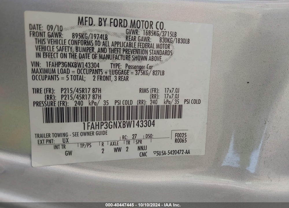2011 FORD FOCUS SES VIN: 1FAHP3GNXBW143304