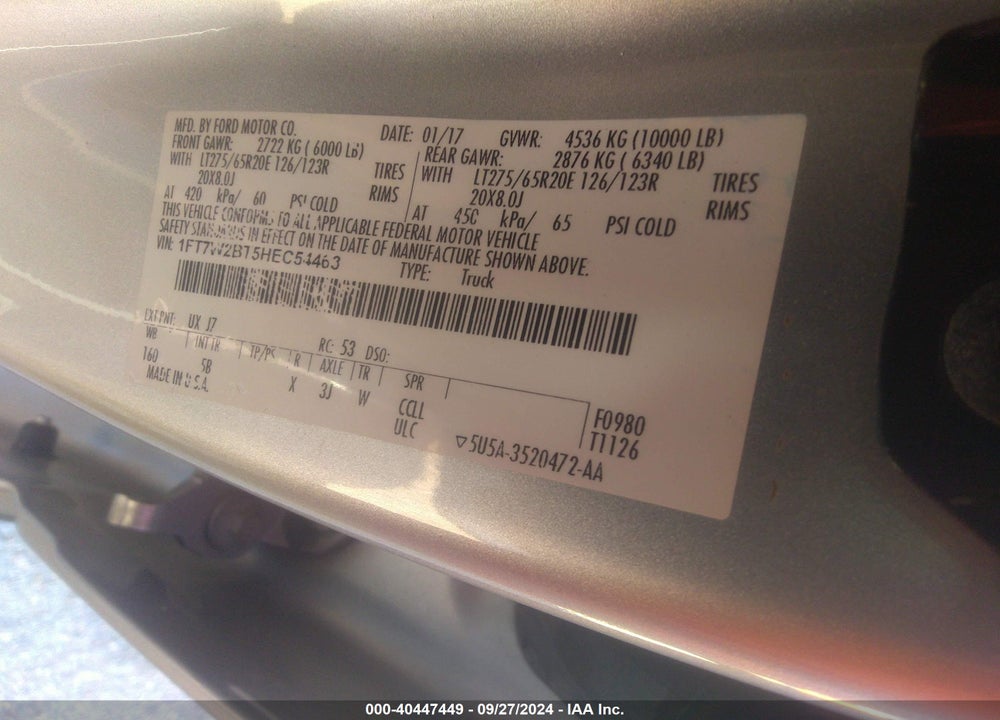 2017 FORD F-250 LARIAT VIN: 1FT7W2BT5HEC54463