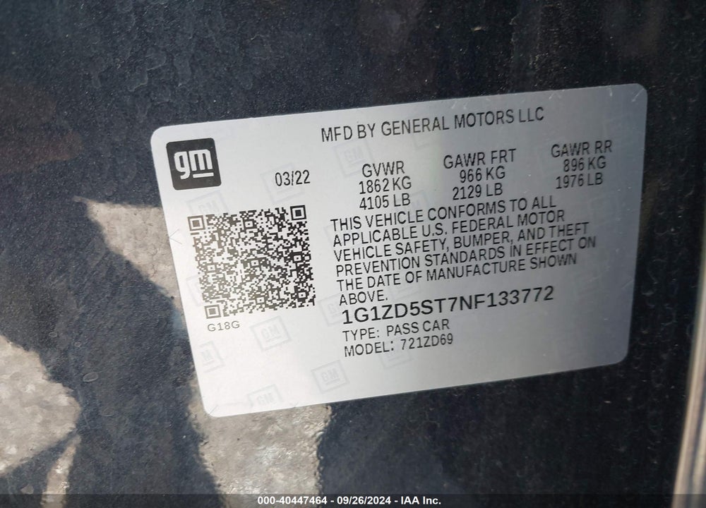 2022 CHEVROLET MALIBU FWD LT VIN: 1G1ZD5ST7NF133772