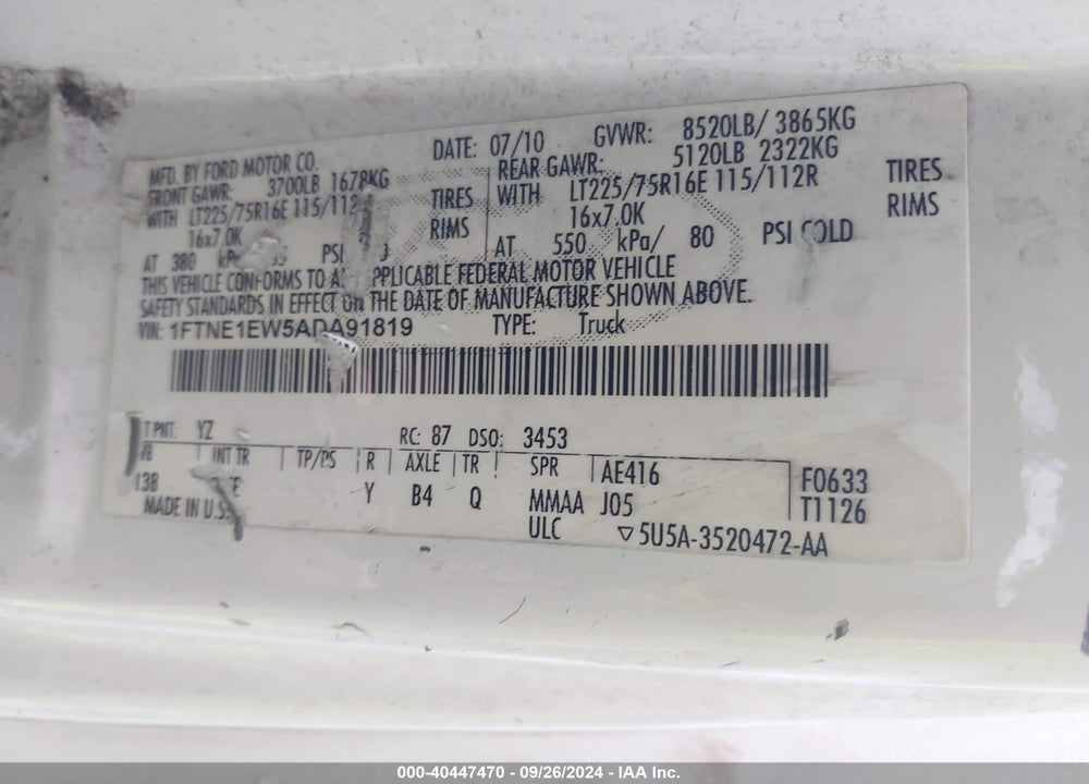 2010 FORD E-150 COMMERCIAL/RECREATIONAL VIN: 1FTNE1EW5ADA91819