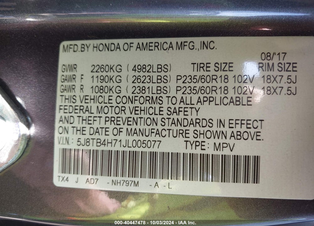 2018 ACURA RDX ADVANCE PACKAGE VIN: 5J8TB4H71JL005077