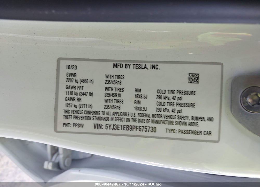 2023 TESLA MODEL 3 LONG RANGE DUAL MOTOR ALL-WHEEL DRIVE VIN: 5YJ3E1EB9PF675730
