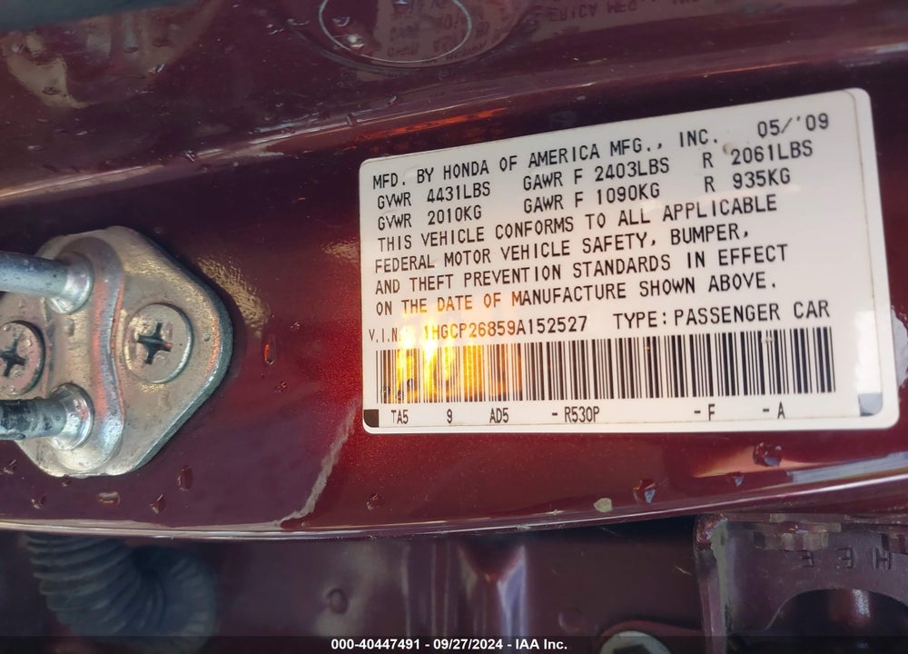 2009 HONDA ACCORD 2.4 EX-L VIN: 1HGCP26859A152527