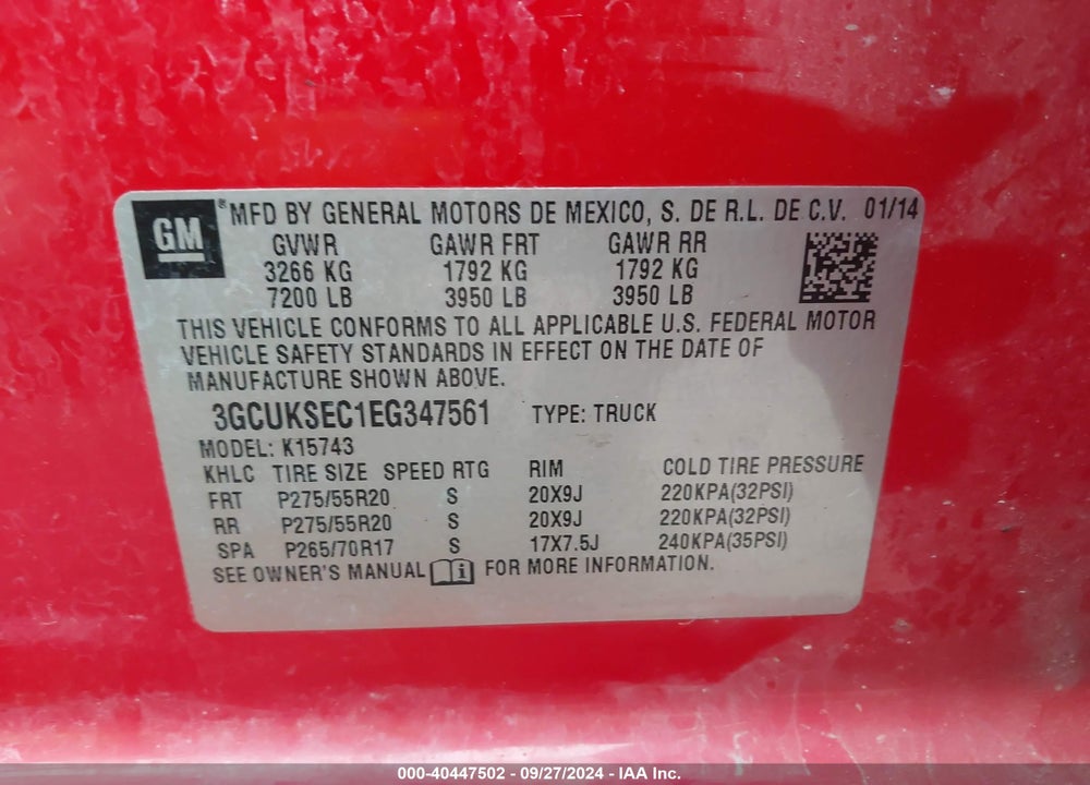 2014 CHEVROLET SILVERADO 1500 1LZ VIN: 3GCUKSEC1EG347561