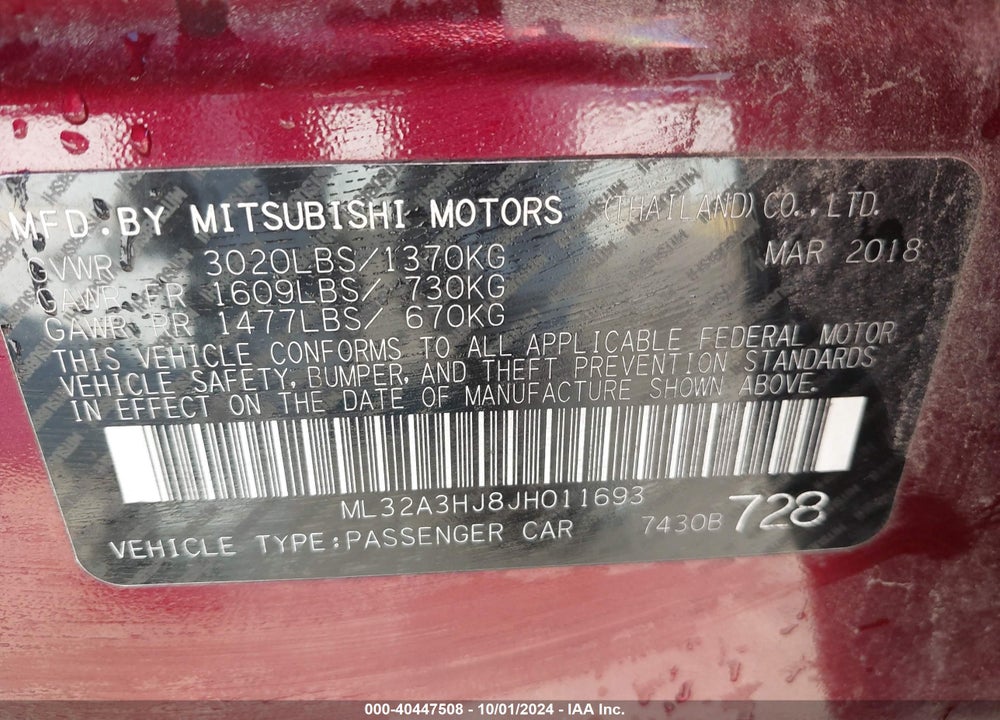 2018 MITSUBISHI MIRAGE ES VIN: ML32A3HJ8JH011693