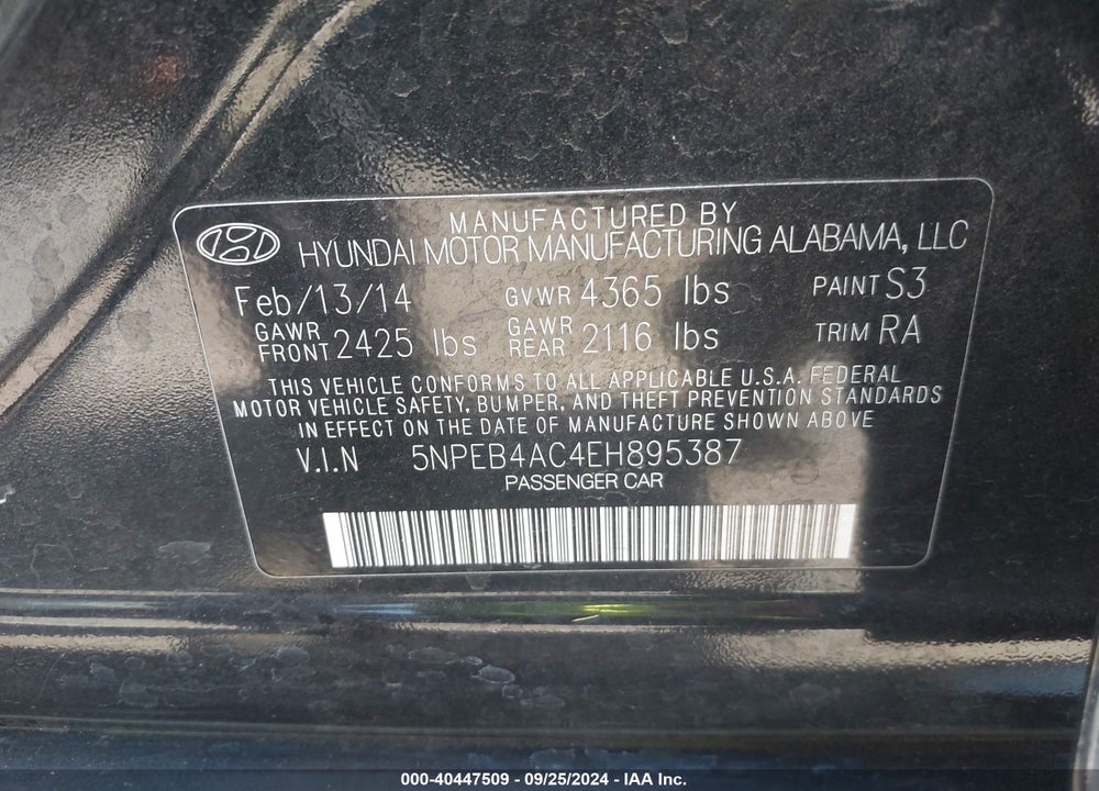 2014 HYUNDAI SONATA GLS VIN: 5NPEB4AC4EH895387