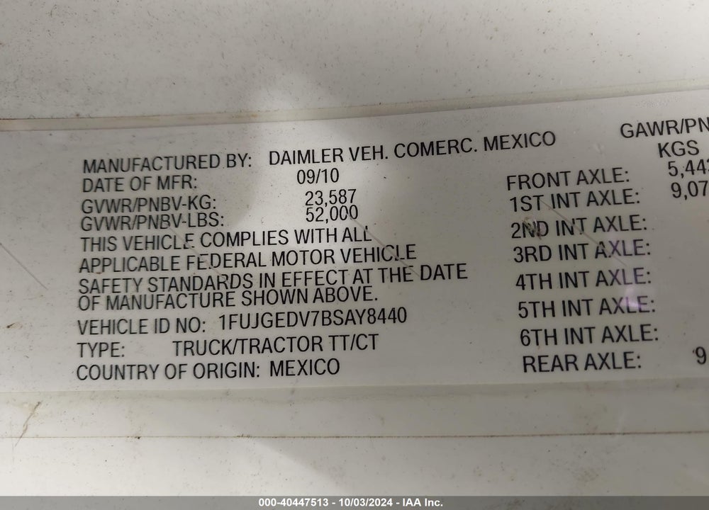 2011 FREIGHTLINER CASCADIA 125 VIN: 1FUJGEDV7BSAY8440