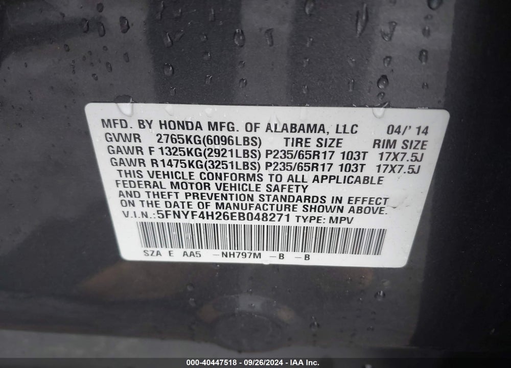 2014 HONDA PILOT LX VIN: 5FNYF4H26EB048271